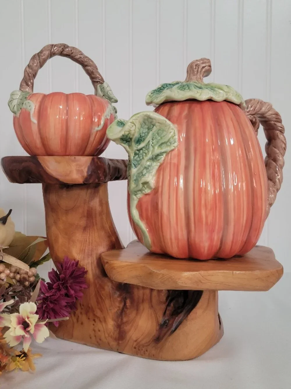 Vtg Fitz & Floyd OCI Fall Kitschy Cottagecore Ceramic Pumpkin Tea Pot & Basket
